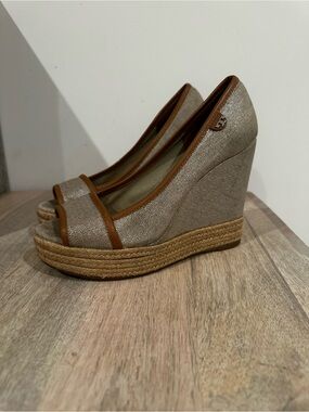 Tory Burch Beige Linen and Brown Leather Trim Espadrille Wedge